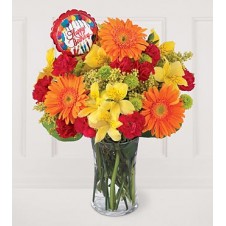  Mixed Flowers Contains Orange Gerbera, Red Carnations, Yellow Alstroemeria, Mums with Small Size Balloon in a Vase