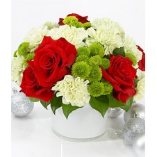 Fresh Red Roses and White Carnations with Greenery in a Vase