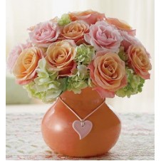 Orange & Pink Holland Roses with Greens in a Vase