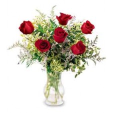 Six Red Roses, with Greenery in a Glass Vase
