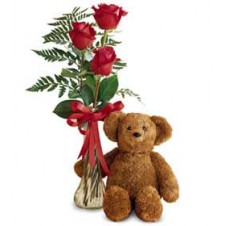 Sweet Roses with a Soft, Plush Bear in a Vase