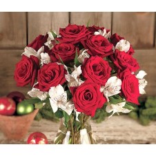 One Dozen Red Roses with a Bounty of White Lily Blooms