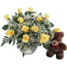 12 Yellow Roses with Baby's Breath and Fern in a Glass Vase, with a Teddy Bear