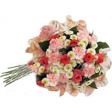Pink Carnations White button Chrysanthemums and Red Roses