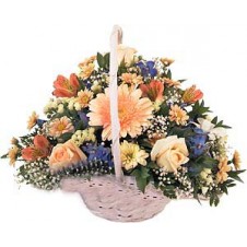 Basket of Peach, Cream and Blue Flowers