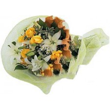 Versatile Wrapped Bouquet of Yellow Roses, White Lilies and Asters