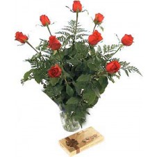 Red Rose in a Glass Vase with Chocolates
