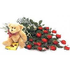 15 Long Stemmed Red Roses in a Bouquet with Chocolates and Teddy Bear