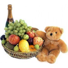 Fruit basket Comes with Added Champagne and Teddy Bear
