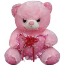 Bear with Red Ribbon on a Heart Pillow