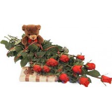 1 Dozen Red Roses in a Bouquet With Teddy Bear and Chocolates