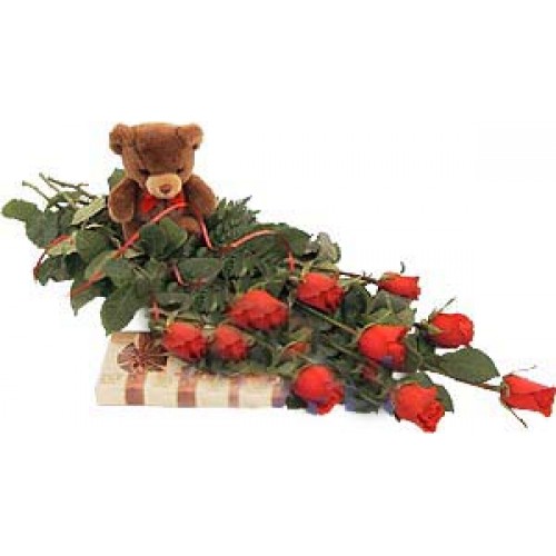 1 Dozen Red Roses in a Bouquet With Teddy Bear and Chocolates