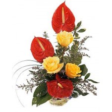 Red Anthuriums and Yellow Roses