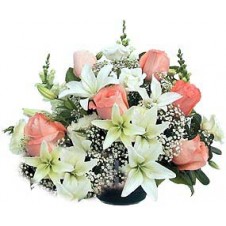 Wrapped Bouquet of Pink Roses and Oriental Lilies