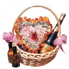 Heart Shaped Basket full of Roses with Sparkling Red Grape Juice