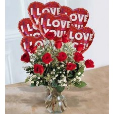 1 Dozen Red Roses in a Vase with 6 Pcs I Love You Balloons