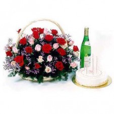 18 Pcs Red & 18 Pcs Pink Roses in a Basket with Red ribbon/Goldilocks Regular size cake and Grape Juice