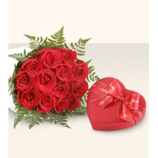 Red Roses in a Bouquet with Heart Shape Chocolates