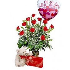 1 Dozen Red Roses in a Vase with Balloon,Bear & Chocolates