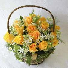 Basket of Yellow/Orange Roses with Greens