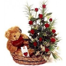 Red Roses with a Teddy Bear and Pillow in a Basket