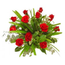 Red Roses with Huge Greeneries in a Basket