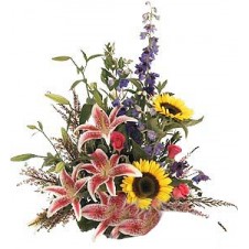 Stargazer & Sunflower with Roses Basket