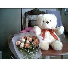 Bear with Dozen Roses in a Bouquet