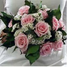 One Dozen Pink Roses in a Bouquet 1