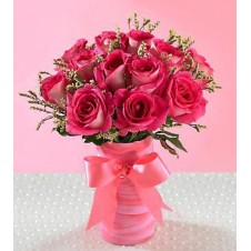 One Dozen Pink Roses in a Vase