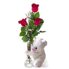 Three Red Roses with a Bear
