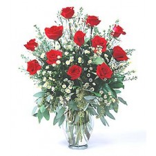 Red Roses with Baby's Breath in a Vase
