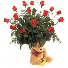 Deluxe 12 Long Stemmed Red Rose in a Vase with Teddy Bear and Chocolates