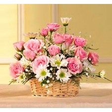 Pink Roses and Daisies in a Basket