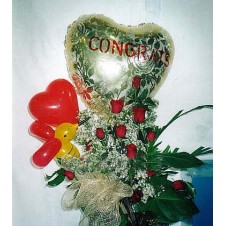 Balloons and 1 Dozen Roses in a Basket