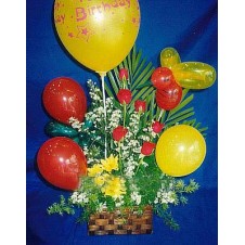 Balloons and 6 Pcs  Roses in a Basket