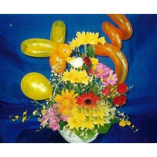 Assorted Daisies in a Basket with Balloons Arrangement