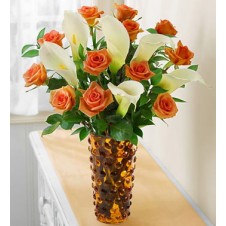 Orange Roses & White Calla Lily in Vase Arrangement