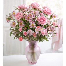 6pcs Pink Roses & Pink Flowers & Carnations in a Vase