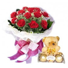 Promo Combo 18 Red Roses Bouquet with Chocolates and Teddy Bear