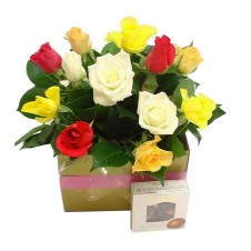 1 Dozen Multicolored Roses in a Basket