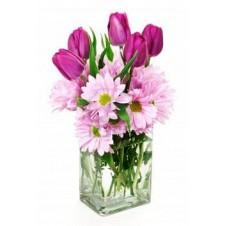 5 pcs Pink Tulips with Gerberas in a Glass Vase