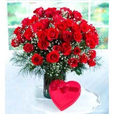 2 Dozen Red Roses in a Vase  with Heart Shape Chocolate Box