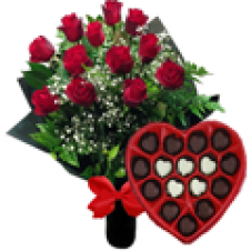 Red Roses w/ Greenery in a Vase  with Greenery with Chocolates